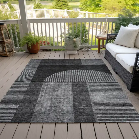 Charcoal Gray And Silver Geometric Washable Indoor Outdoor Area Rug Photo 9