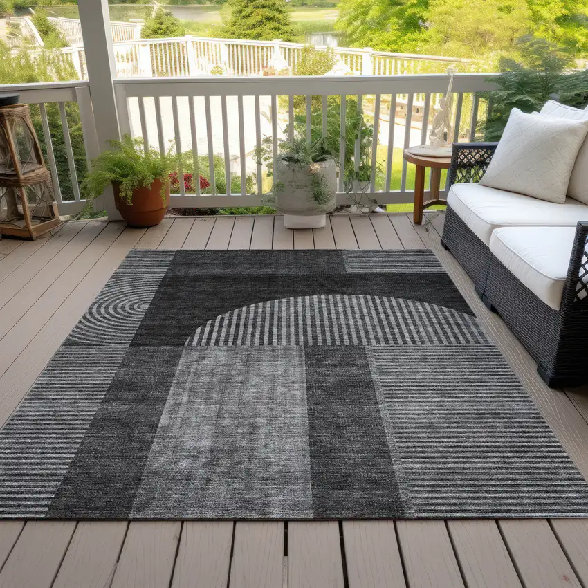 Charcoal Gray And Silver Geometric Washable Indoor Outdoor Area Rug Photo 9
