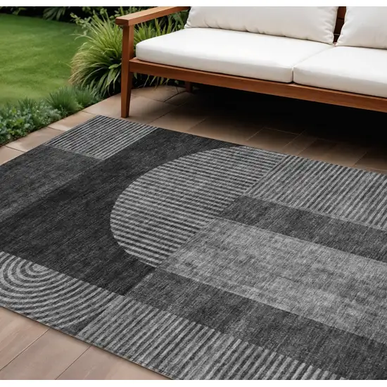 Charcoal Gray And Silver Geometric Washable Indoor Outdoor Area Rug Photo 1