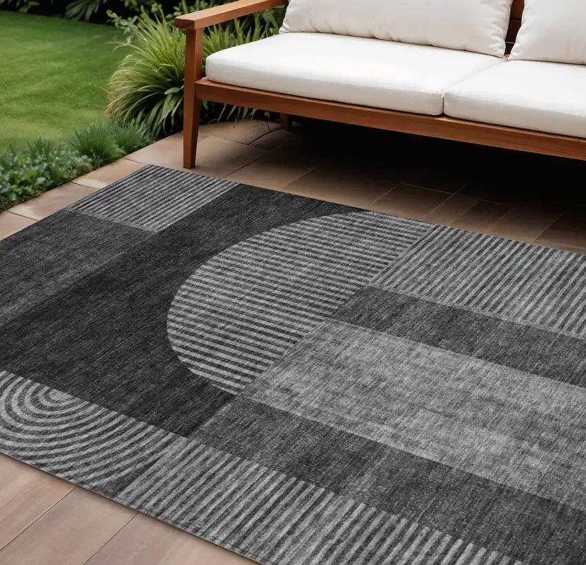 Charcoal Gray And Silver Geometric Washable Indoor Outdoor Area Rug Photo 1