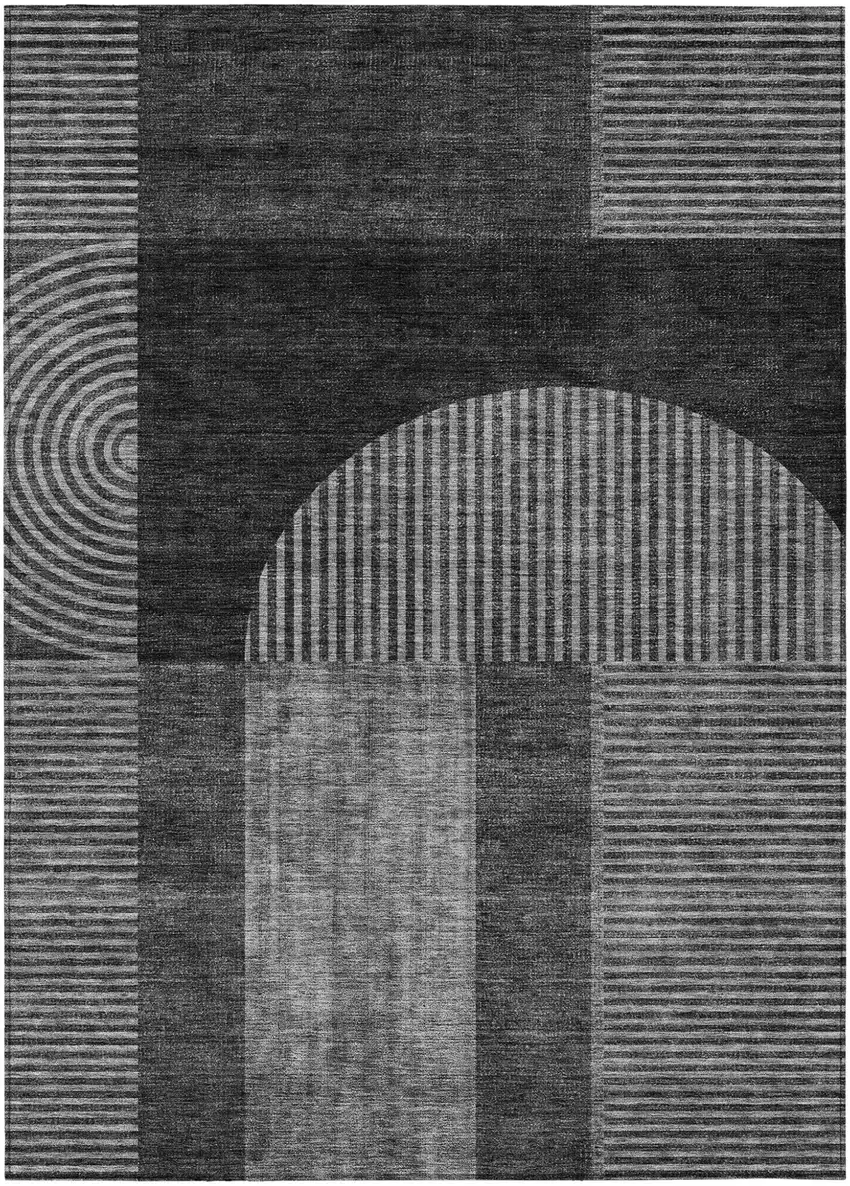Charcoal Gray And Silver Geometric Washable Indoor Outdoor Area Rug Photo 1