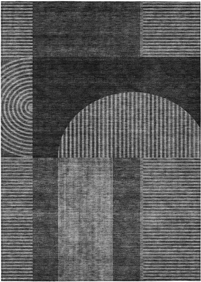 Charcoal Gray And Silver Geometric Washable Indoor Outdoor Area Rug Photo 1
