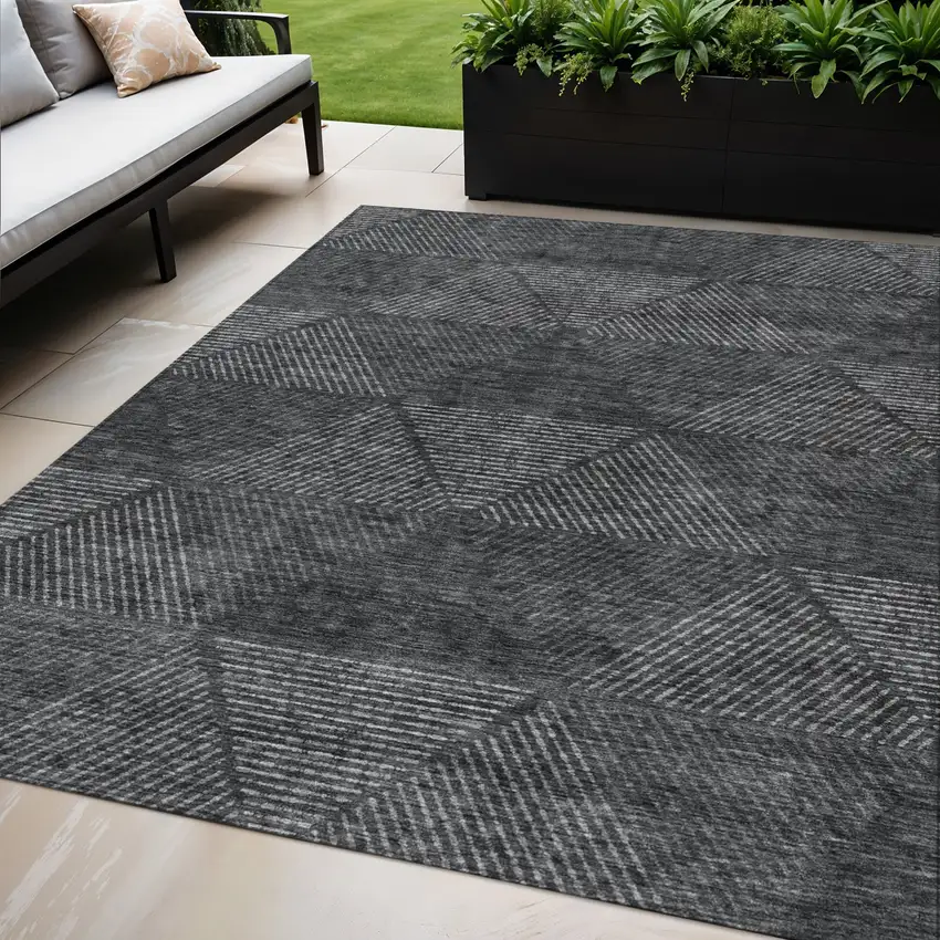 Charcoal Gray And Silver Geometric Washable Indoor Outdoor Area Rug Photo 1