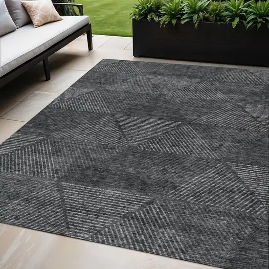 Charcoal Gray And Silver Geometric Washable Indoor Outdoor Area Rug Photo 1