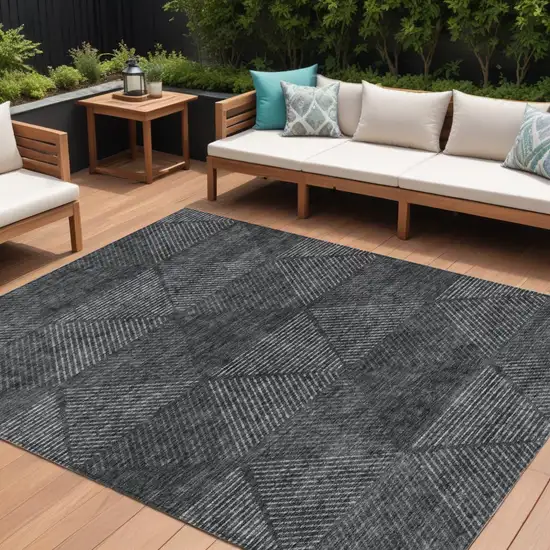Charcoal Gray And Silver Geometric Washable Indoor Outdoor Area Rug Photo 1