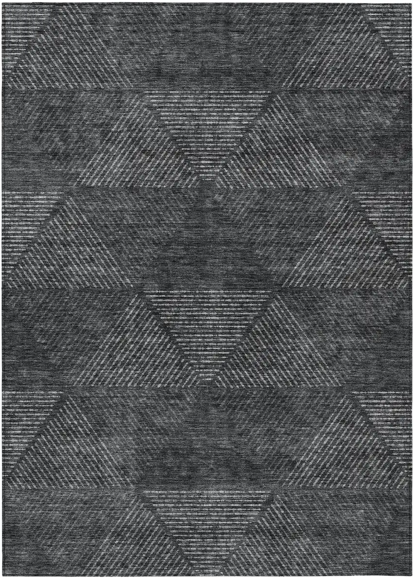 Charcoal Gray And Silver Geometric Washable Indoor Outdoor Area Rug Photo 2