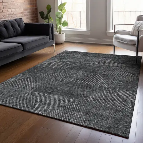 Charcoal Gray And Silver Geometric Washable Indoor Outdoor Area Rug Photo 9