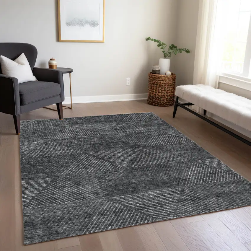 Charcoal Gray And Silver Geometric Washable Indoor Outdoor Area Rug Photo 9