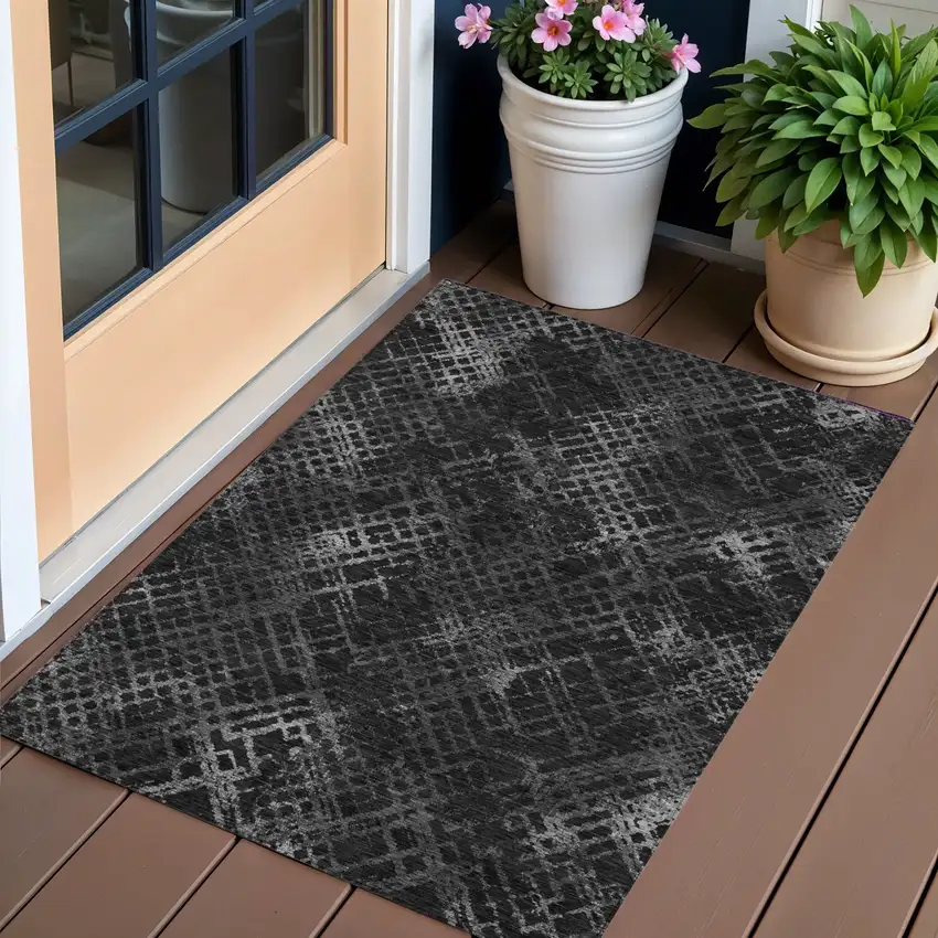 Charcoal Gray And Silver Geometric Washable Indoor Outdoor Area Rug Photo 1