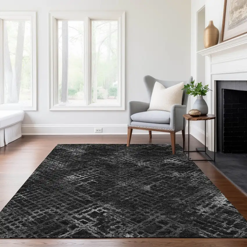 Charcoal Gray And Silver Geometric Washable Indoor Outdoor Area Rug Photo 8