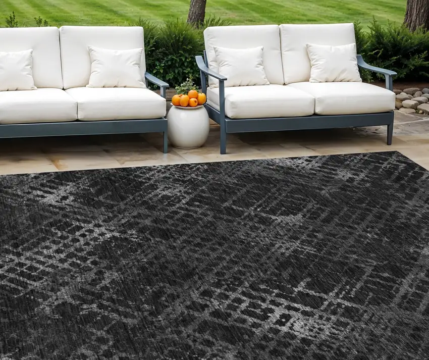 Charcoal Gray And Silver Geometric Washable Indoor Outdoor Area Rug Photo 1