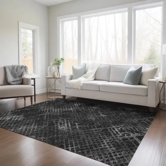 Charcoal Gray And Silver Geometric Washable Indoor Outdoor Area Rug Photo 9