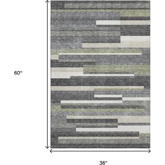 Charcoal Gray And Silver Striped Washable Area Rug With UV Protection Photo 3