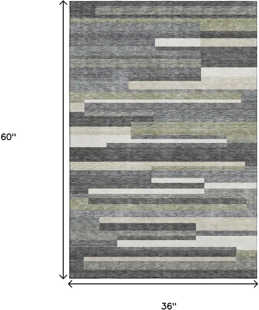 Charcoal Gray And Silver Striped Washable Area Rug With UV Protection Photo 3