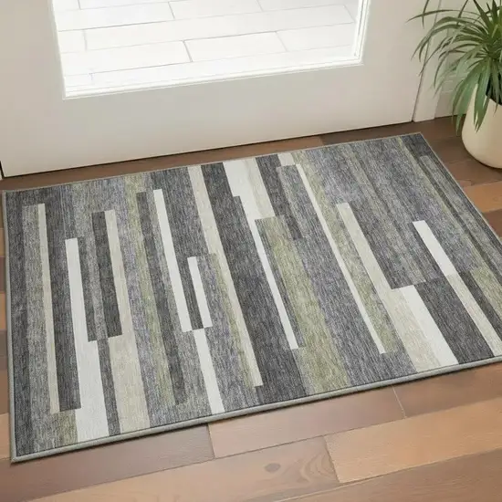 Charcoal Gray And Silver Striped Washable Area Rug With UV Protection Photo 2