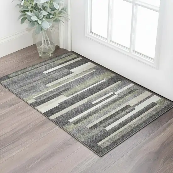 Charcoal Gray And Silver Striped Washable Area Rug With UV Protection Photo 1
