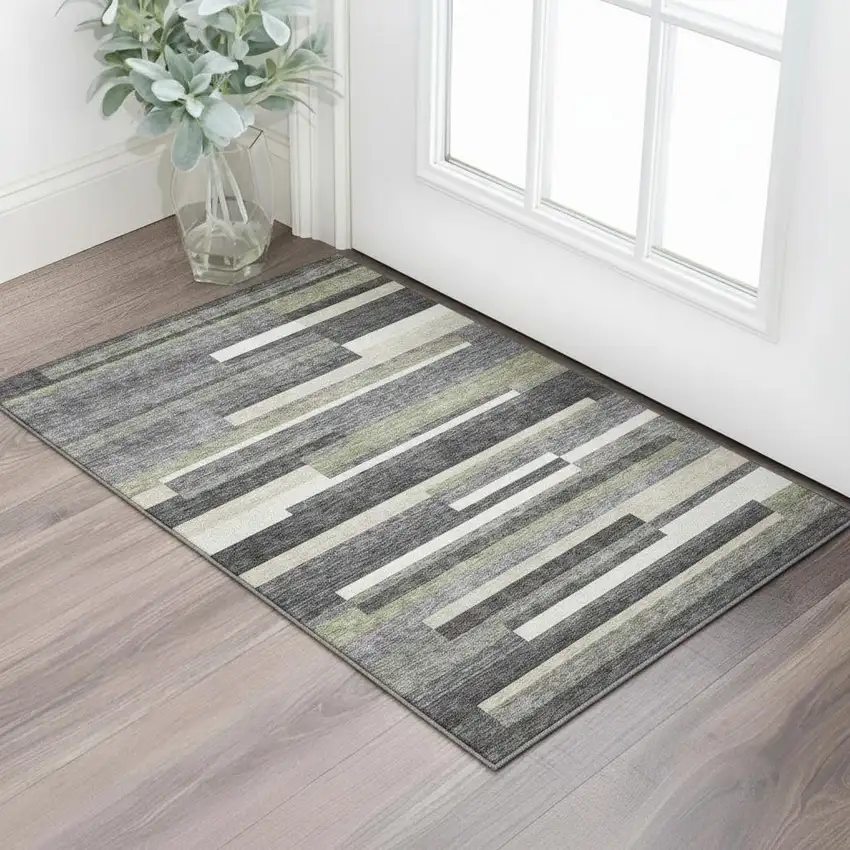 Charcoal Gray And Silver Striped Washable Area Rug With UV Protection Photo 1