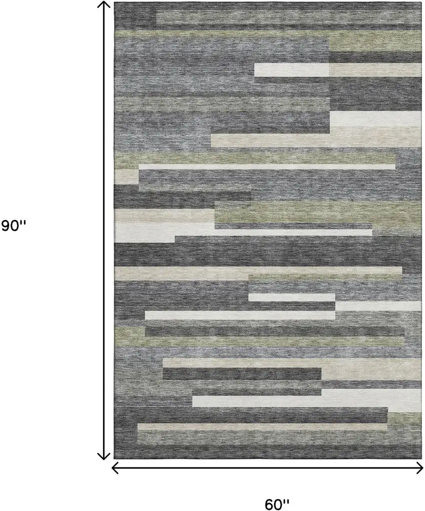 Charcoal Gray And Silver Striped Washable Area Rug With UV Protection Photo 3