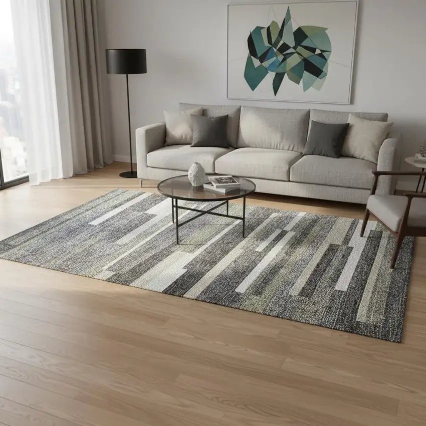 Charcoal Gray And Silver Striped Washable Area Rug With UV Protection Photo 2