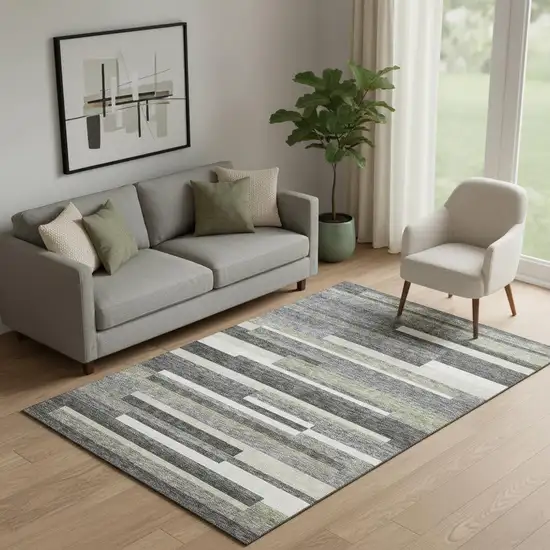 Charcoal Gray And Silver Striped Washable Area Rug With UV Protection Photo 1