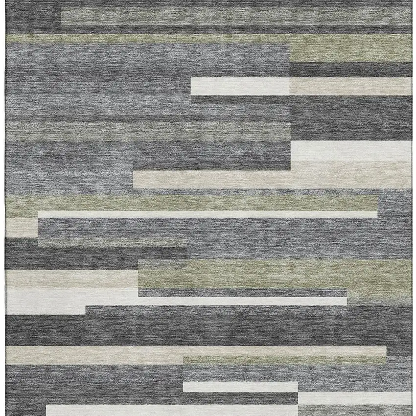 Charcoal Gray And Silver Striped Washable Area Rug With UV Protection Photo 3