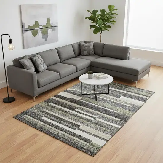 Charcoal Gray And Silver Striped Washable Area Rug With UV Protection Photo 2