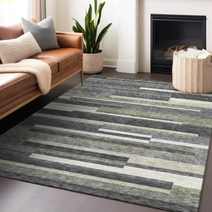 Charcoal Gray And Silver Striped Washable Area Rug With UV Protection Photo 6