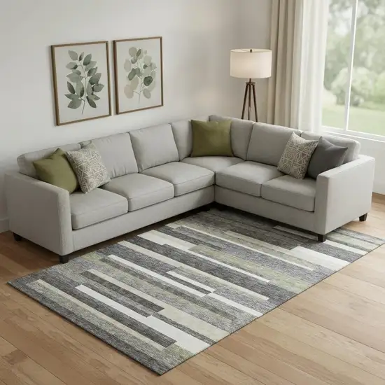 Charcoal Gray And Silver Striped Washable Area Rug With UV Protection Photo 1