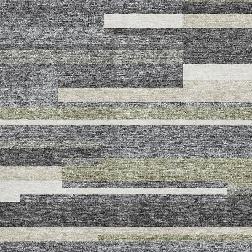 Charcoal Gray And Silver Striped Washable Area Rug With UV Protection Photo 3