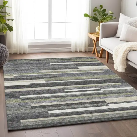 Charcoal Gray And Silver Striped Washable Area Rug With UV Protection Photo 6