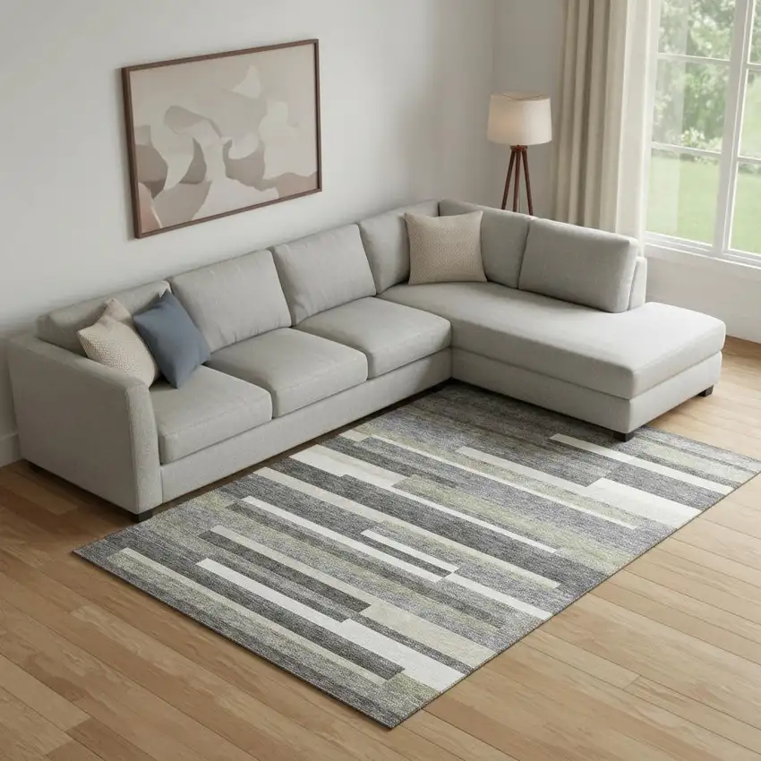 Charcoal Gray And Silver Striped Washable Area Rug With UV Protection Photo 1