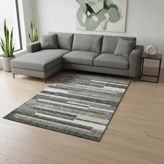 Charcoal Gray And Silver Striped Washable Area Rug With UV Protection Photo 2