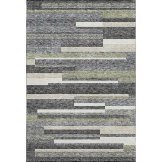 Charcoal Gray And Silver Striped Washable Area Rug With UV Protection Photo 1