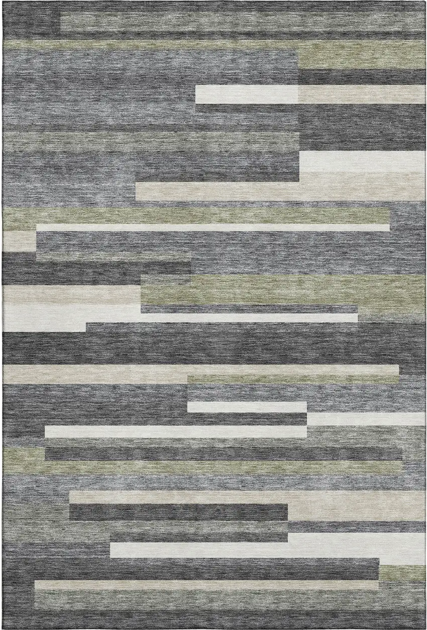 Charcoal Gray And Silver Striped Washable Area Rug With UV Protection Photo 1