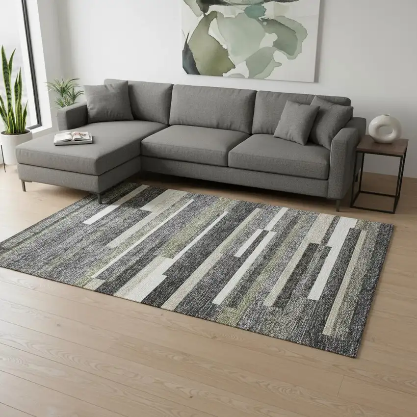 Charcoal Gray And Silver Striped Washable Area Rug With UV Protection Photo 2