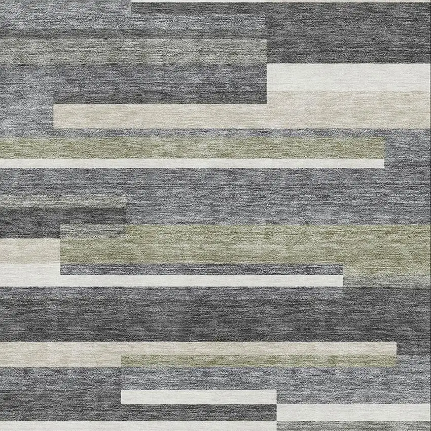 Charcoal Gray And Silver Striped Washable Area Rug With UV Protection Photo 3