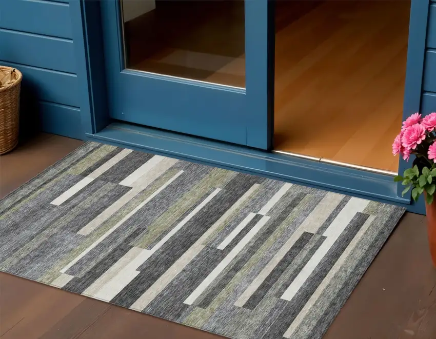 Charcoal Gray And Silver Striped Washable Indoor Outdoor Area Rug Photo 1
