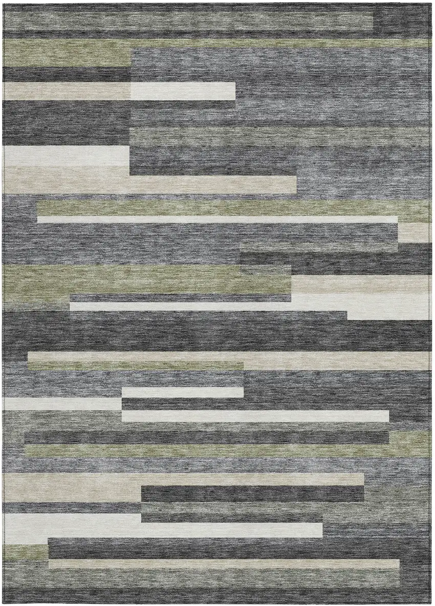Charcoal Gray And Silver Striped Washable Indoor Outdoor Area Rug Photo 6