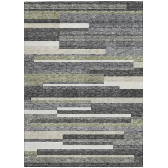 Charcoal Gray And Silver Striped Washable Indoor Outdoor Area Rug Photo 6