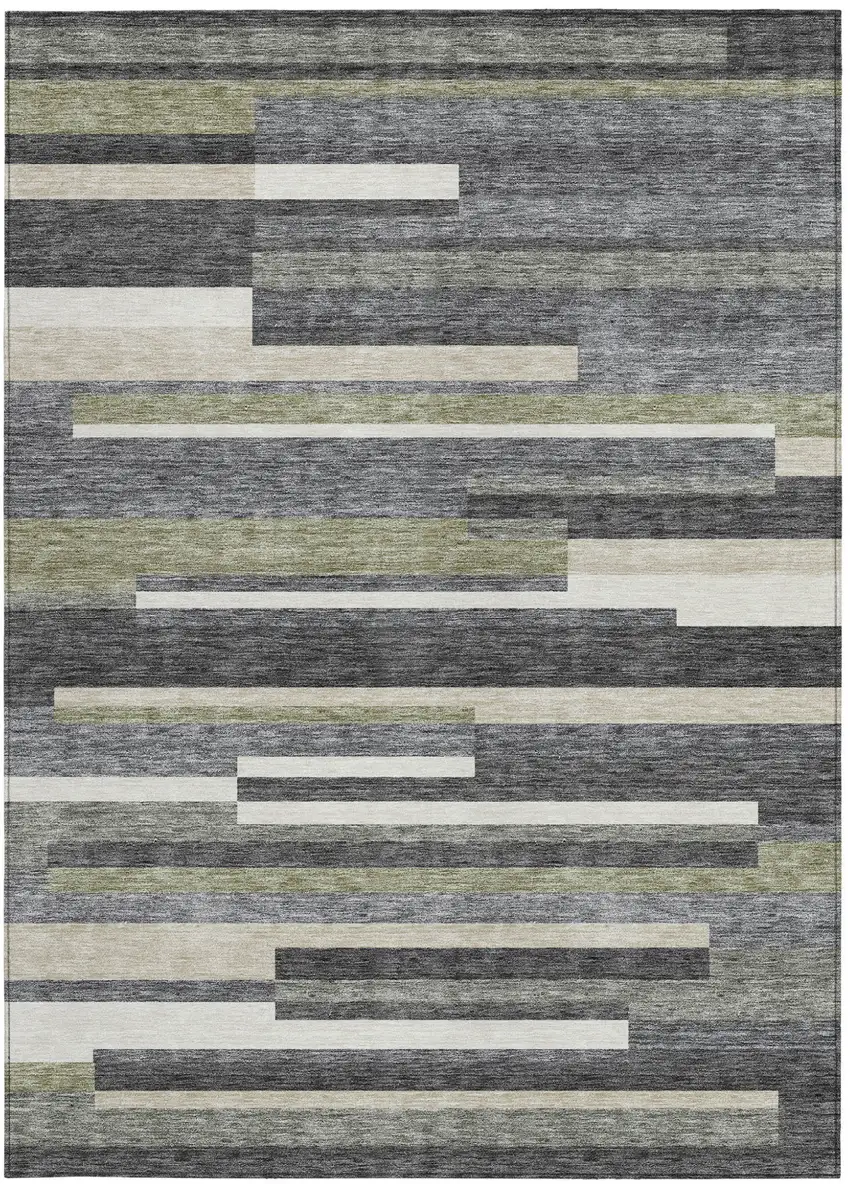 Charcoal Gray And Silver Striped Washable Indoor Outdoor Area Rug Photo 6
