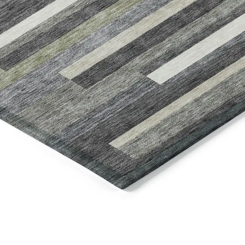 Charcoal Gray And Silver Striped Washable Indoor Outdoor Area Rug Photo 4