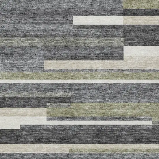 Charcoal Gray And Silver Striped Washable Indoor Outdoor Area Rug Photo 5