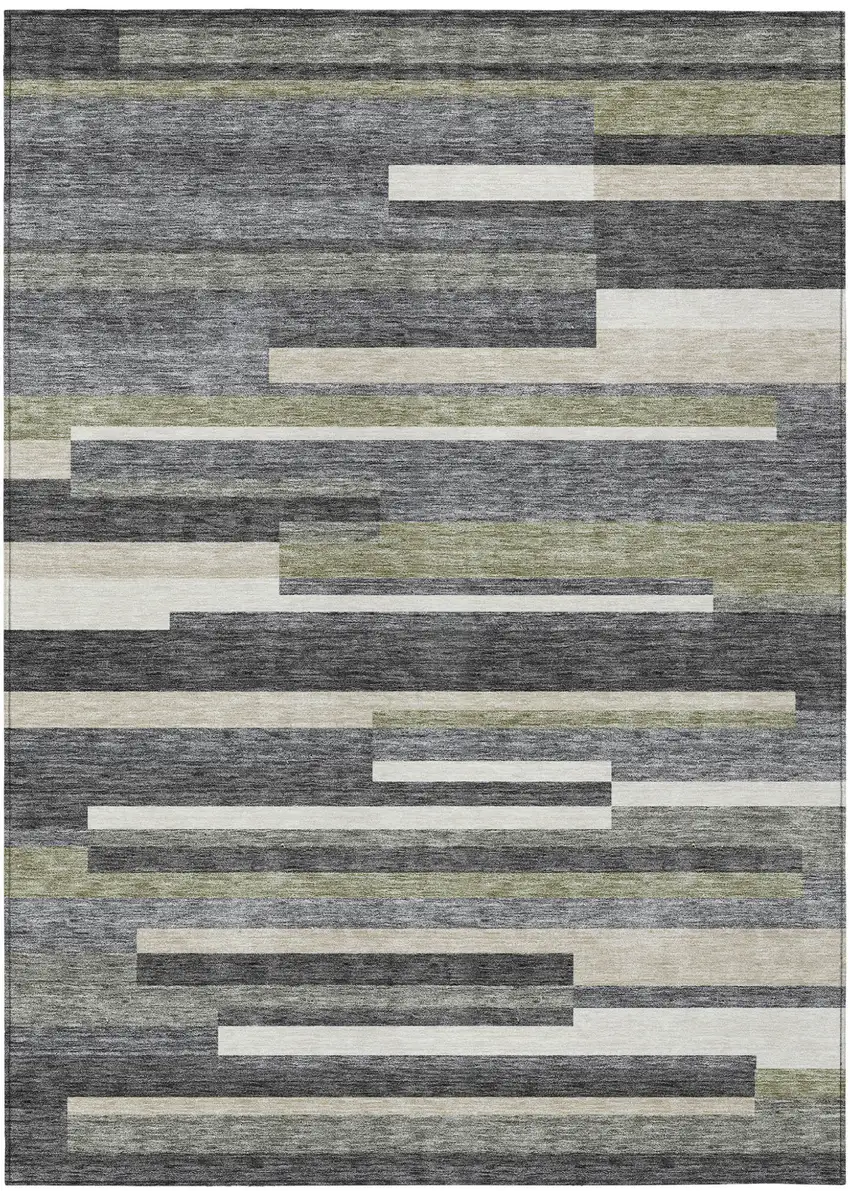Charcoal Gray And Silver Striped Washable Indoor Outdoor Area Rug Photo 2