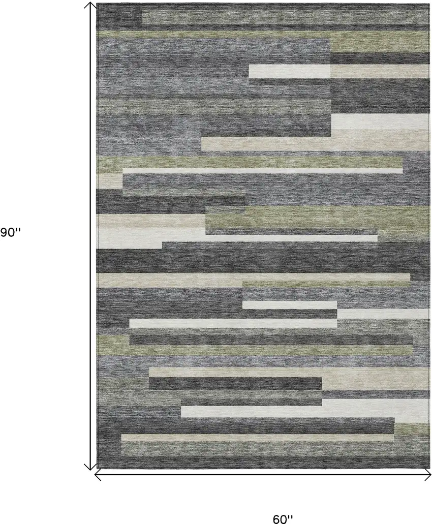 Charcoal Gray And Silver Striped Washable Indoor Outdoor Area Rug Photo 3