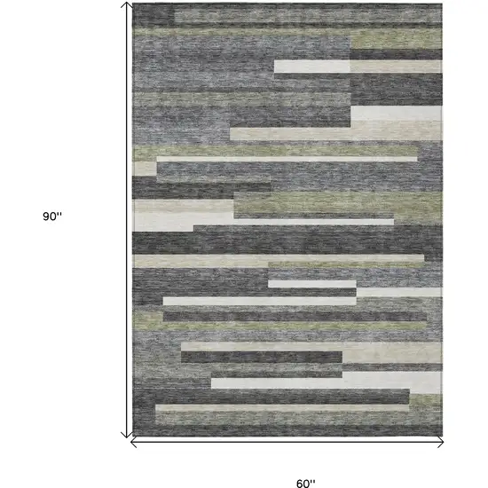 Charcoal Gray And Silver Striped Washable Indoor Outdoor Area Rug Photo 3