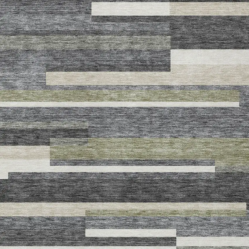 Charcoal Gray And Silver Striped Washable Indoor Outdoor Area Rug Photo 4