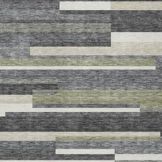 Charcoal Gray And Silver Striped Washable Indoor Outdoor Area Rug Photo 4