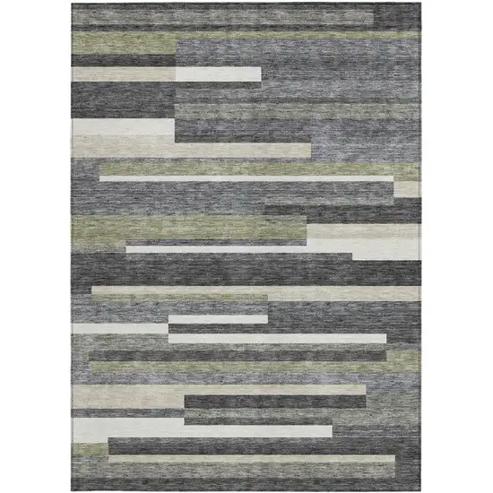 Charcoal Gray And Silver Striped Washable Indoor Outdoor Area Rug Photo 5