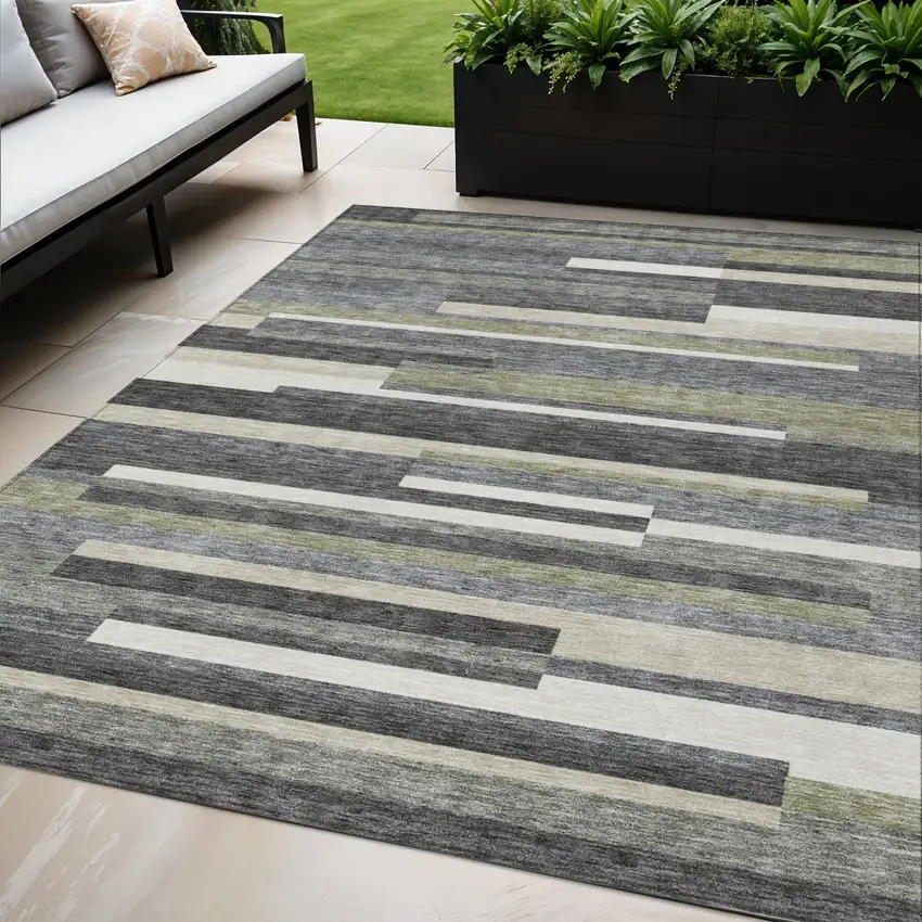 Charcoal Gray And Silver Striped Washable Indoor Outdoor Area Rug Photo 1