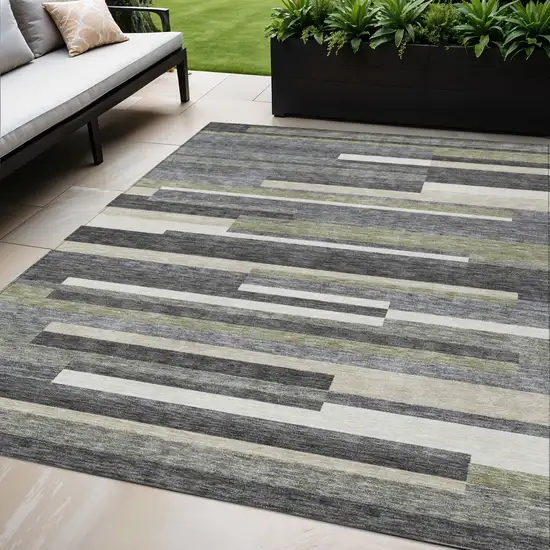 Charcoal Gray And Silver Striped Washable Indoor Outdoor Area Rug Photo 1